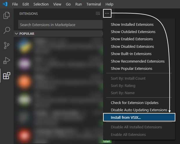 Install from VSIX option under the Extensions view drop-down menu
