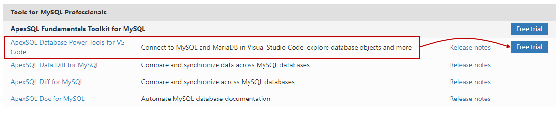 List of MySQL tools available for download on ApexSQL Downloads page