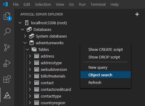 Object search option in ApexSQL server explorer from VS Code extension