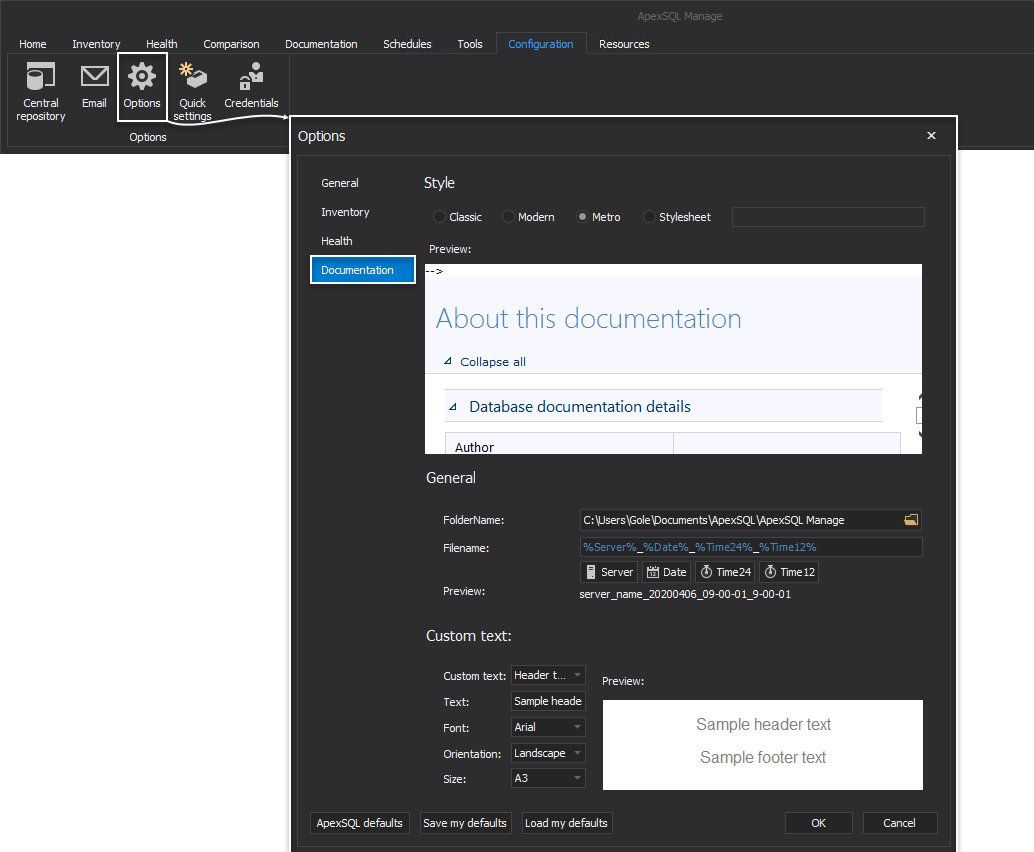 Options window within the SQL Manage instance tool