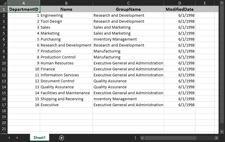 Query results in an Excel spreadsheet