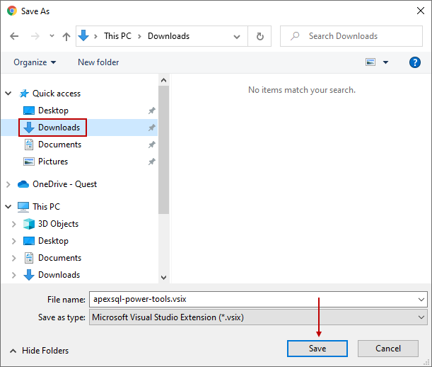 Save As dialog on Windows 10 with download location and file name specified