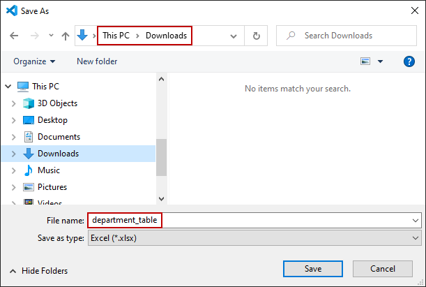 Save As dialog on Windows 10 with download location and Excel file name specified