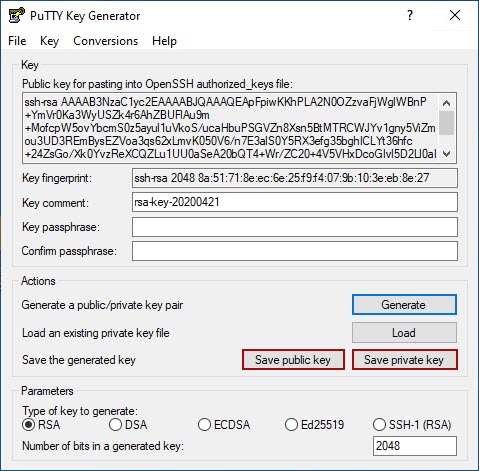 Save public key and Save private key buttons
