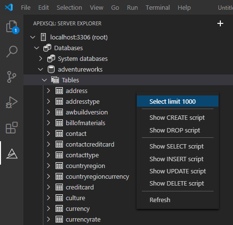 Select limit 1000 option from the right-click context menu in ApexSQL server explorer