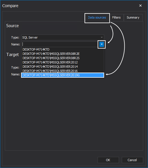 Selecting SQL Servers as data sources for comparison 