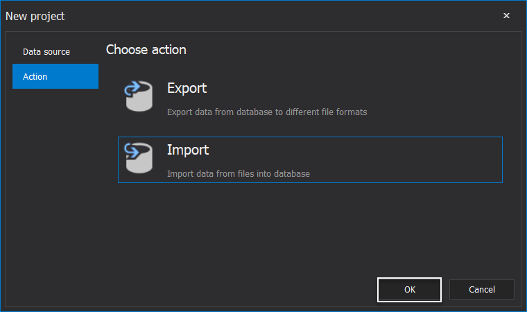 Selecting the Import data action under the ApexSQL Pump's Action tab