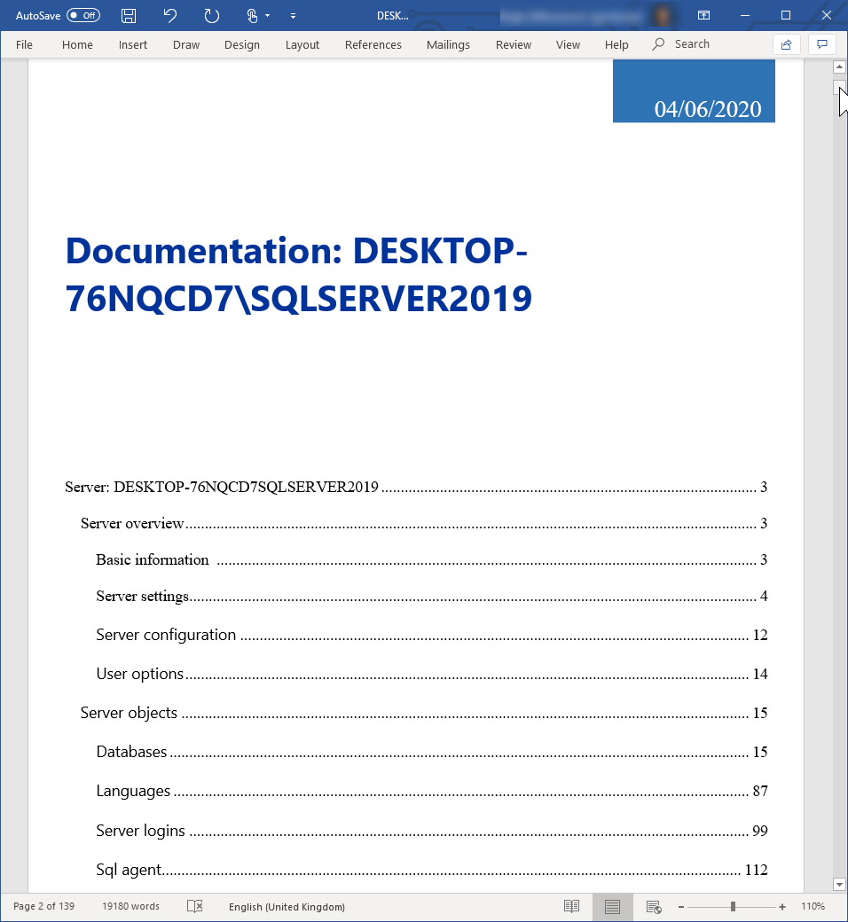 SQL Server documentation opened via Microsoft Word
