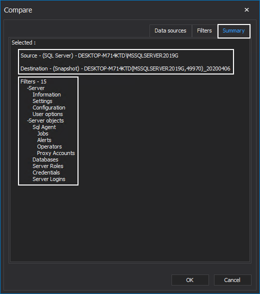 Summary of chosen SQL Servers and filters for comparison