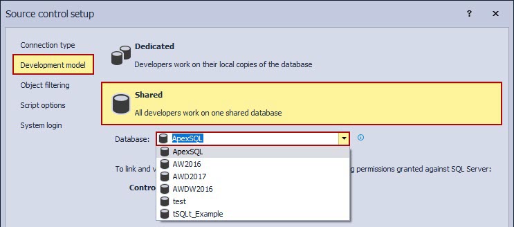 The ApexSQL database from the Shared development model