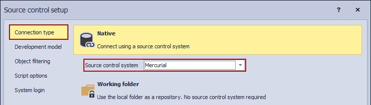 The Connection type tab of the Source control setup window 