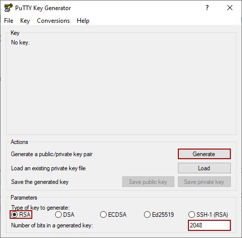 The Generate button in the PuTTY Key Generator window