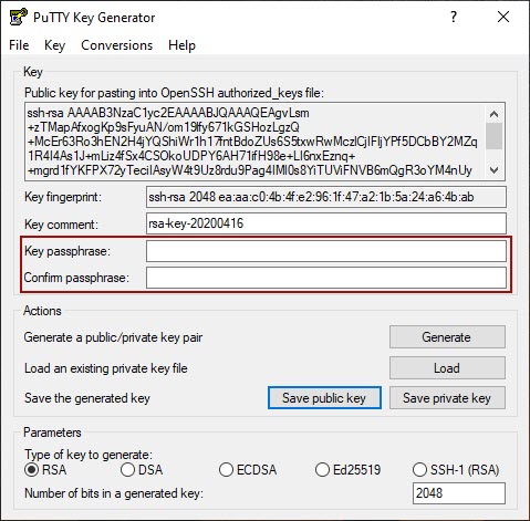 The Key passphrase in the PuTTY Key generate dialog