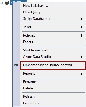 The Link database to source control command from the right-click context menu