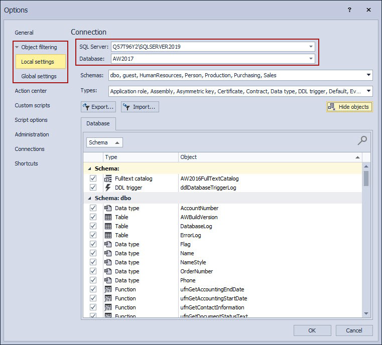 The Object filtering tab - choosing the SQL Server and linked database