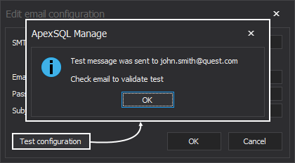 Email address configuration test in ApexSQL Manage