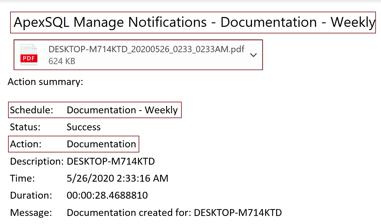 Email notification for SQL Server instance documentation sent from ApexSQL Manage 
