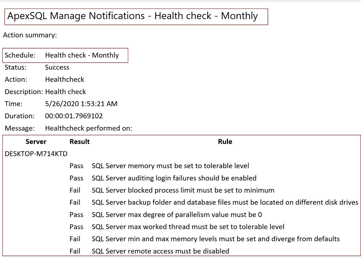 Email notification for SQL Server instance health check results sent from ApexSQL Manage 