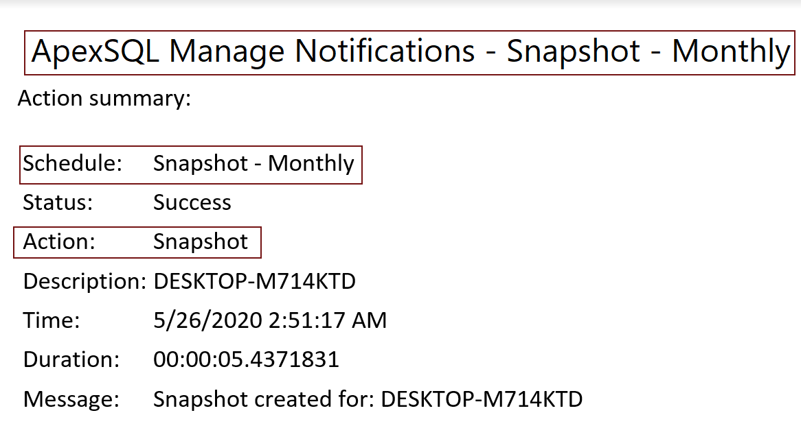 Email notification for SQL Server instance snapshot creation sent from ApexSQL Manage 