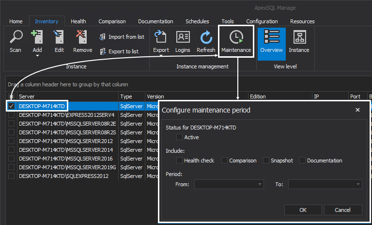 Maintenance period for selected SQL Server instance