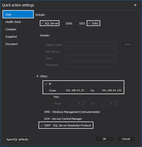 Quick Scan settings in the ApexSQL Manage