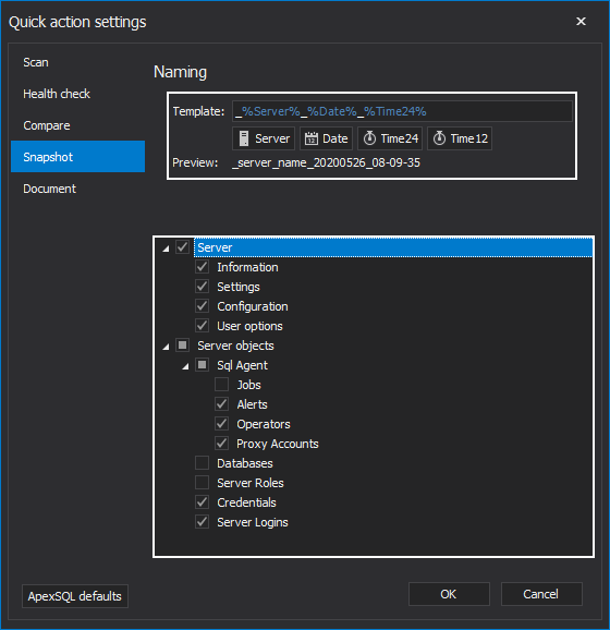 Quick snapshot settings in SQL manage instance application