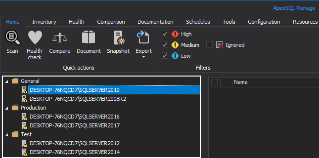 Server panel of the ApexSQL Manage