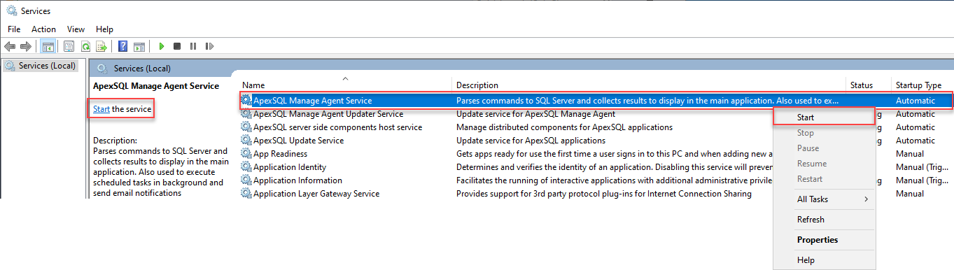Start ApexSQL Manage agent service - solution 1