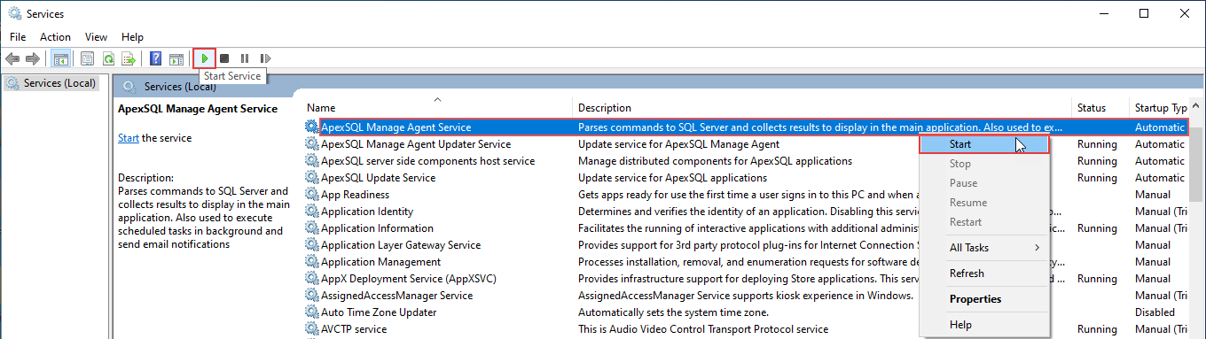 Start ApexSQL Manage agent service - solution 2