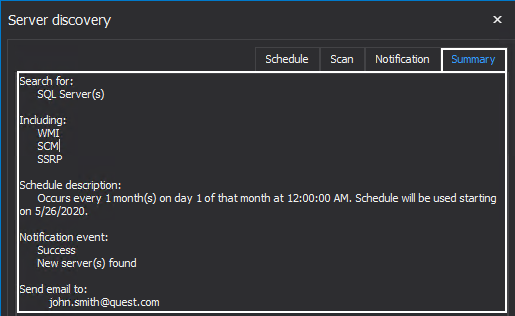 Summary tab with details of the schedule configuration 