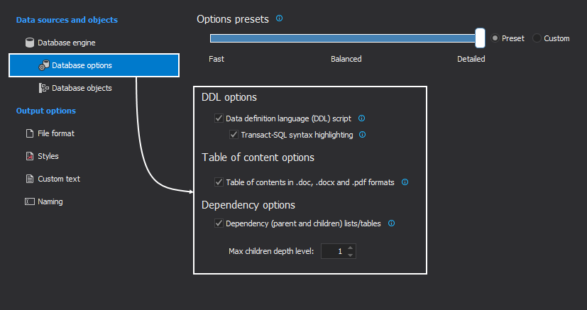 The Database options tab with all system details which can be selected for the documentation in the MySQL documentation tool