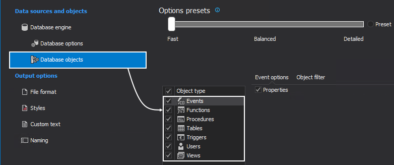 The Object type grid under the Database objects tab