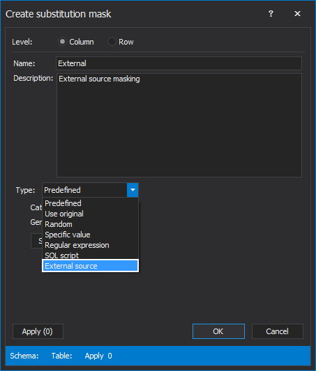 Choosing a External source generator form the Type drop-down list in the Create substitution mask window