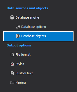 The Data sources and objects panel in the MySQL database documentation tool