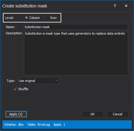 The Level section in the Create substitution mask window