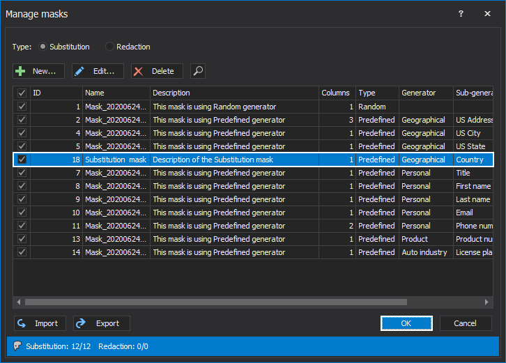 The Manage mask window, which contain masks taht will be used to mask SQL Server data