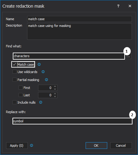 The Match case option in the Create redaction mask window