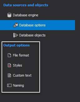 The Output options panel in ApexSQL Doc for MySQL