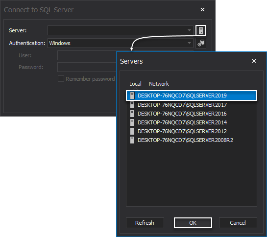 Choose local or remote SQL instances