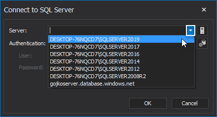 Connect to SQL Server window in the SQL manage instance tool
