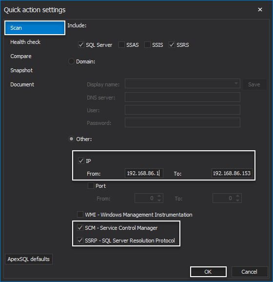 Quick action settings in the SQL manage instance tool