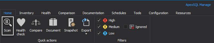 Quick Scan option in ApexSQL Manage