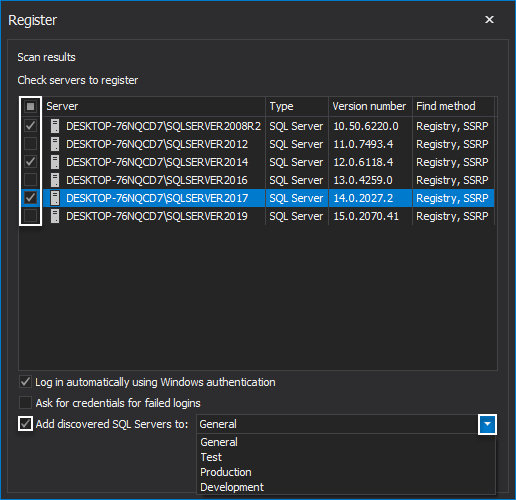 Register window in the SQL manage instance tool