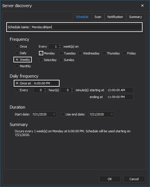 Schedule tab in the Server discovery window