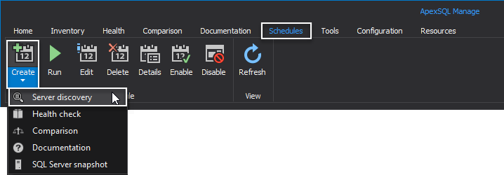 Schedules tab in the ApexSQL Manage