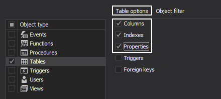 Select table options which will be documented