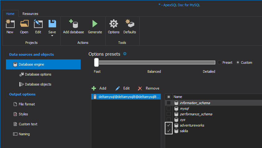 Selecting database for the documentation