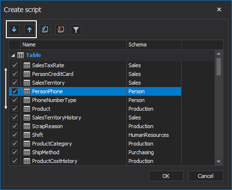 Selecting order for the tables in the Create script window