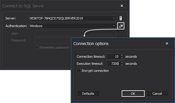 Set SQL Server connection options