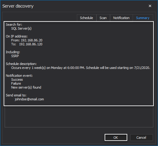 Summary tab in the Server discovery window
